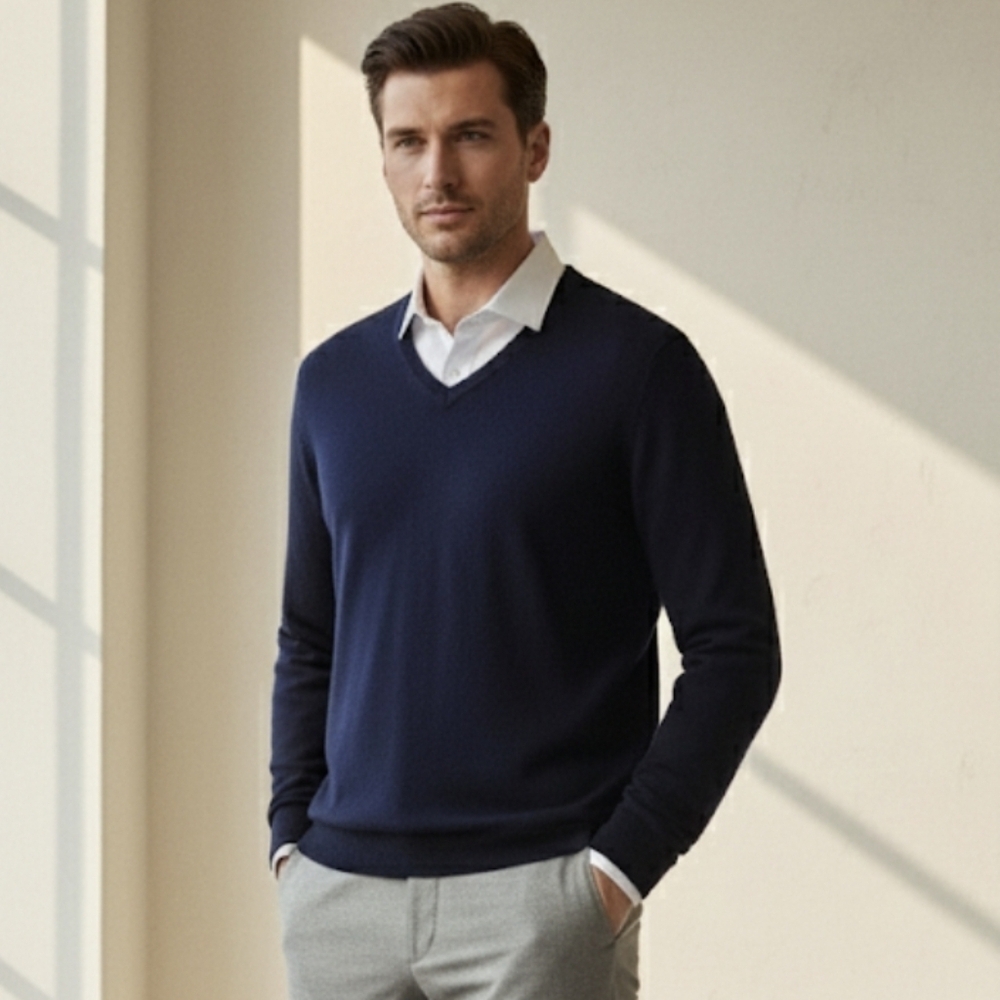 Falke Men's Pure Cashmere Classic V-Neck Sweater Pullover | Navy Blue | Medium